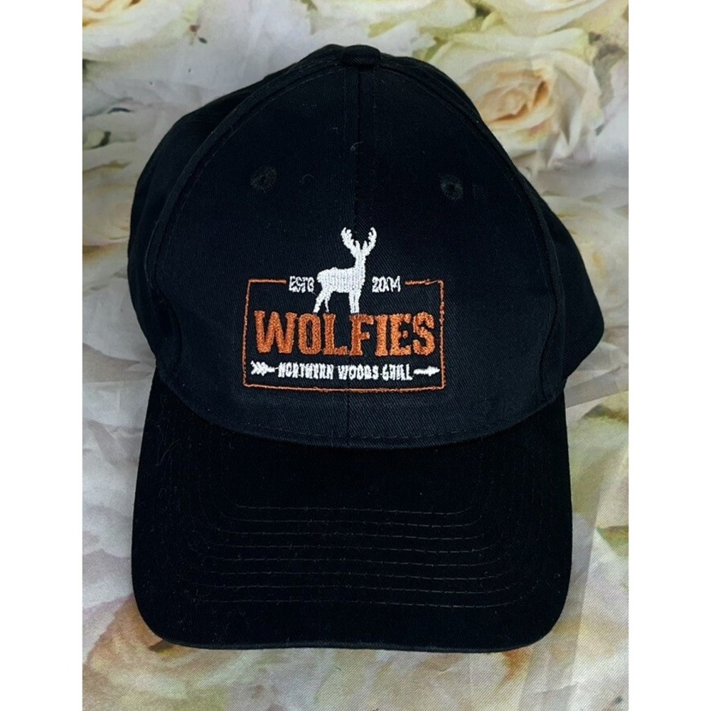 WOLFIES Northern Woods Grill Hat Cap Deer Black Strapback Embroidered Barbecue - Picture 2 of 9